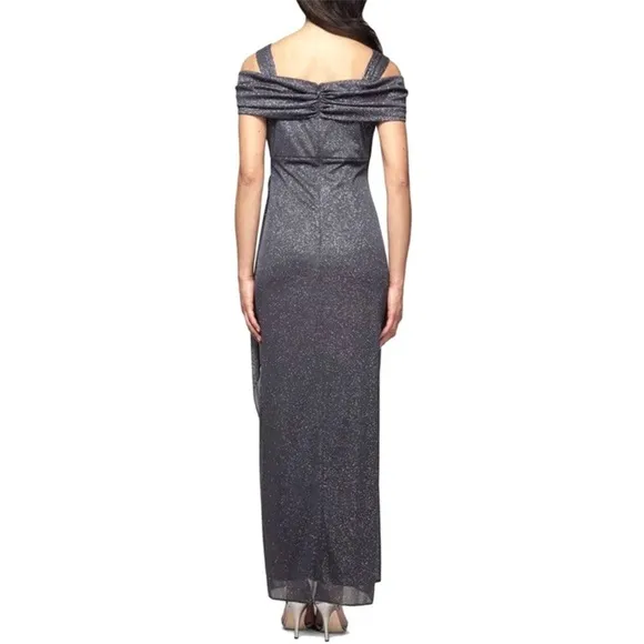 Alex Evenings Gray Off The Shoulder Glitter Mesh Draped Cocktail Gown Dress 12