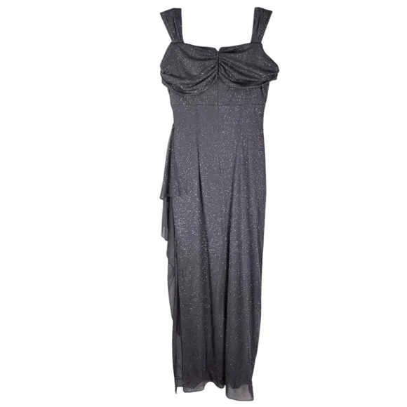 Alex Evenings Gray Off The Shoulder Glitter Mesh Draped Cocktail Gown Dress 12
