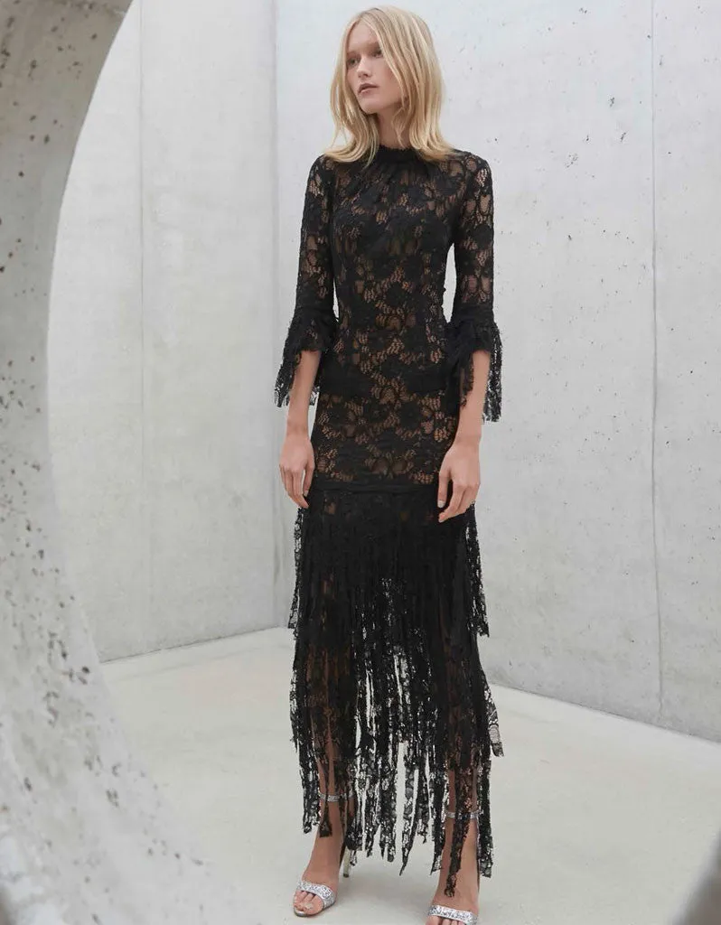 Alexis Jade Long Lace Dress w/ Lace Fringe in Black Lace