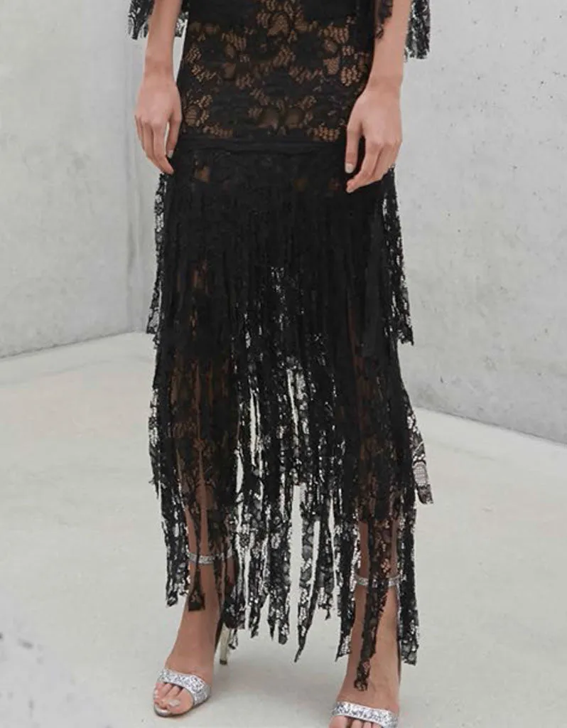Alexis Jade Long Lace Dress w/ Lace Fringe in Black Lace