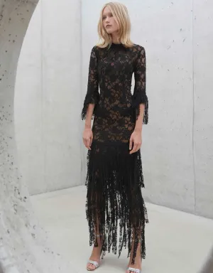Alexis Jade Long Lace Dress w/ Lace Fringe in Black Lace