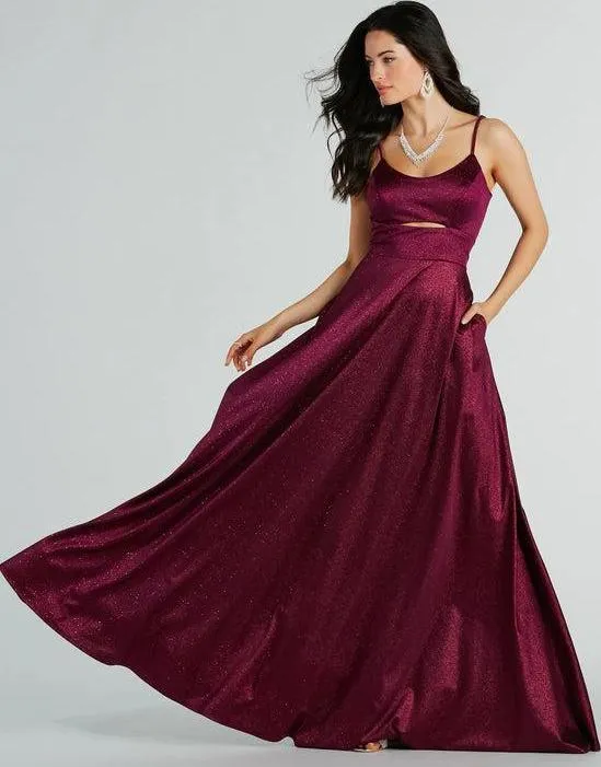 Amina burgundy sparkle A Line Ball Dress with Cut out Express NZ wide