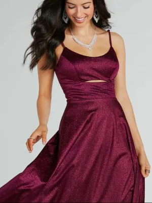 Amina burgundy sparkle A Line Ball Dress with Cut out Express NZ wide