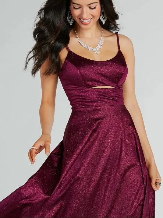 Amina burgundy sparkle A Line Ball Dress with Cut out Express NZ wide