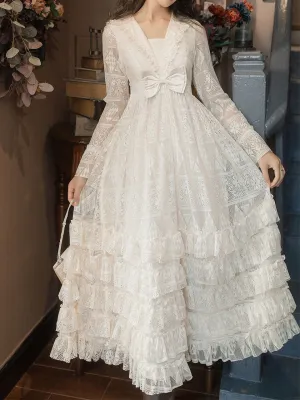 Apricot Square Collar Lace Swing Dress With Long Sleeve