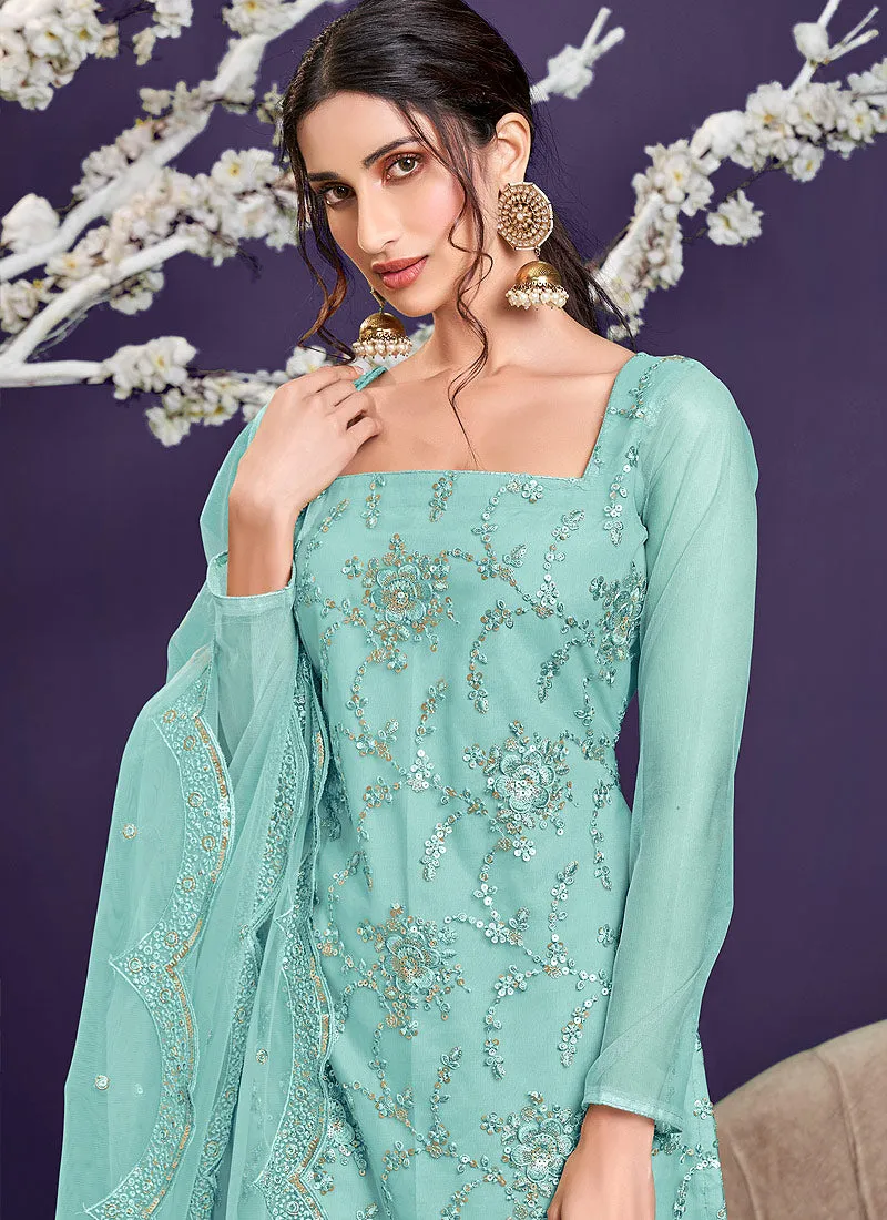 Aqua Blue Zari And Badla Embroidered Sharara Suit