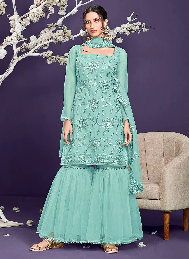 Aqua Blue Zari And Badla Embroidered Sharara Suit