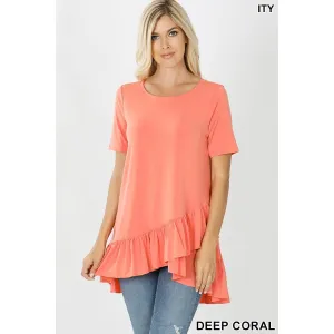 Asymmetrical Ruffle Bottom Top in Deep Coral