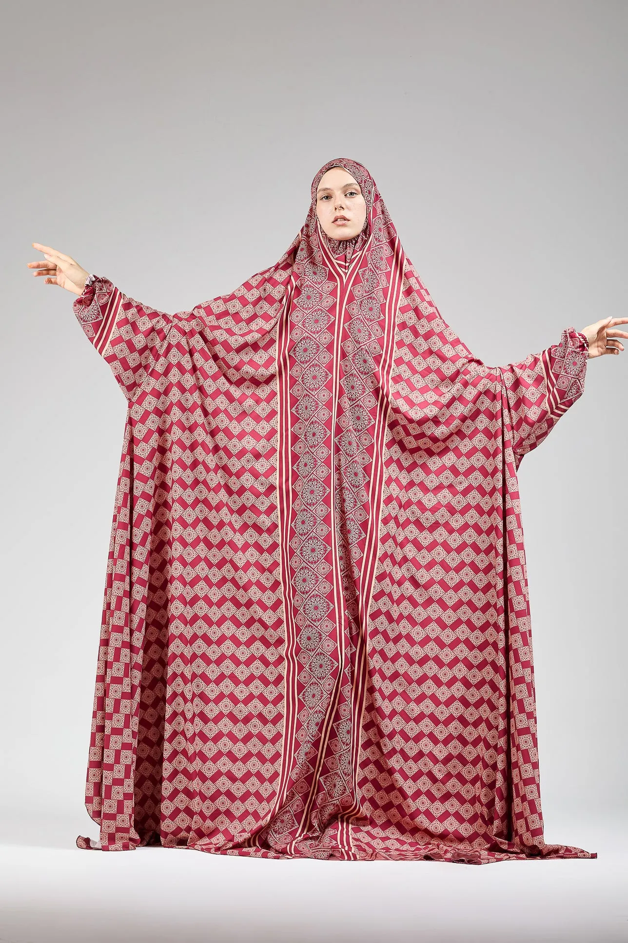 Basira Satin Prayer Gown with Geometric Floral Print for Hijab Wear