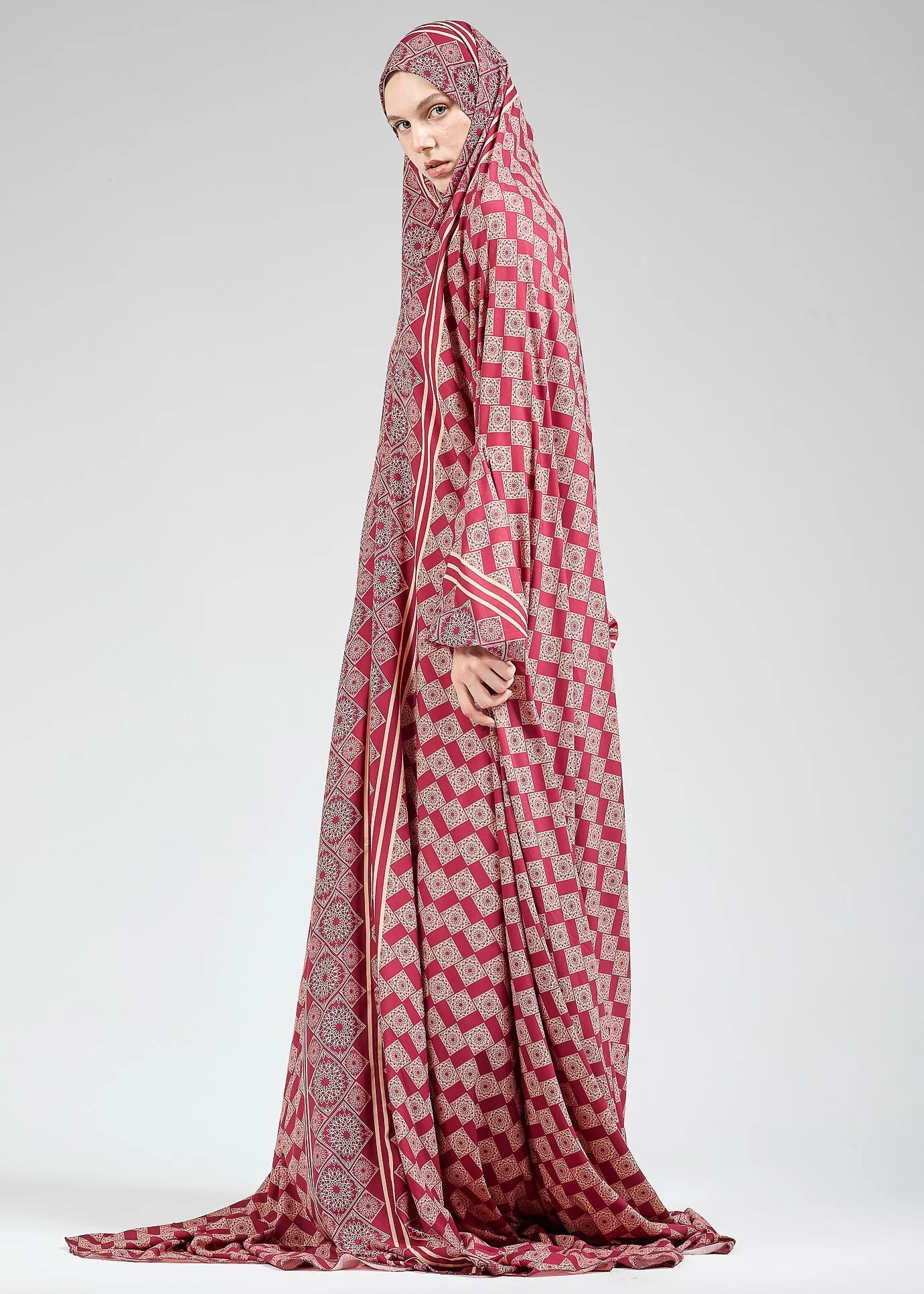 Basira Satin Prayer Gown with Geometric Floral Print for Hijab Wear