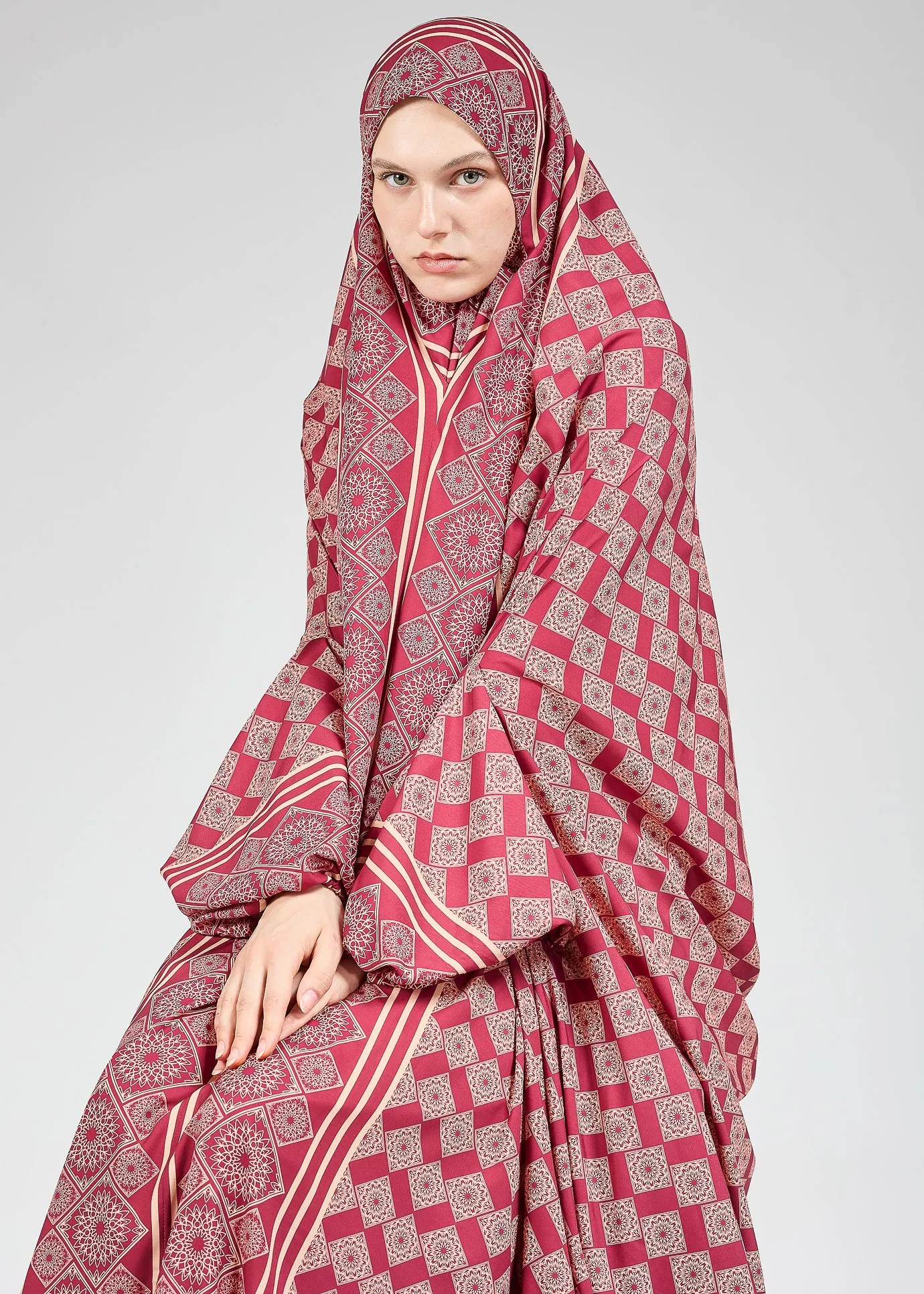 Basira Satin Prayer Gown with Geometric Floral Print for Hijab Wear