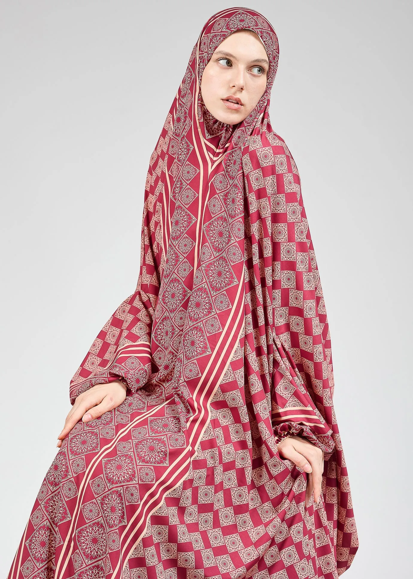 Basira Satin Prayer Gown with Geometric Floral Print for Hijab Wear