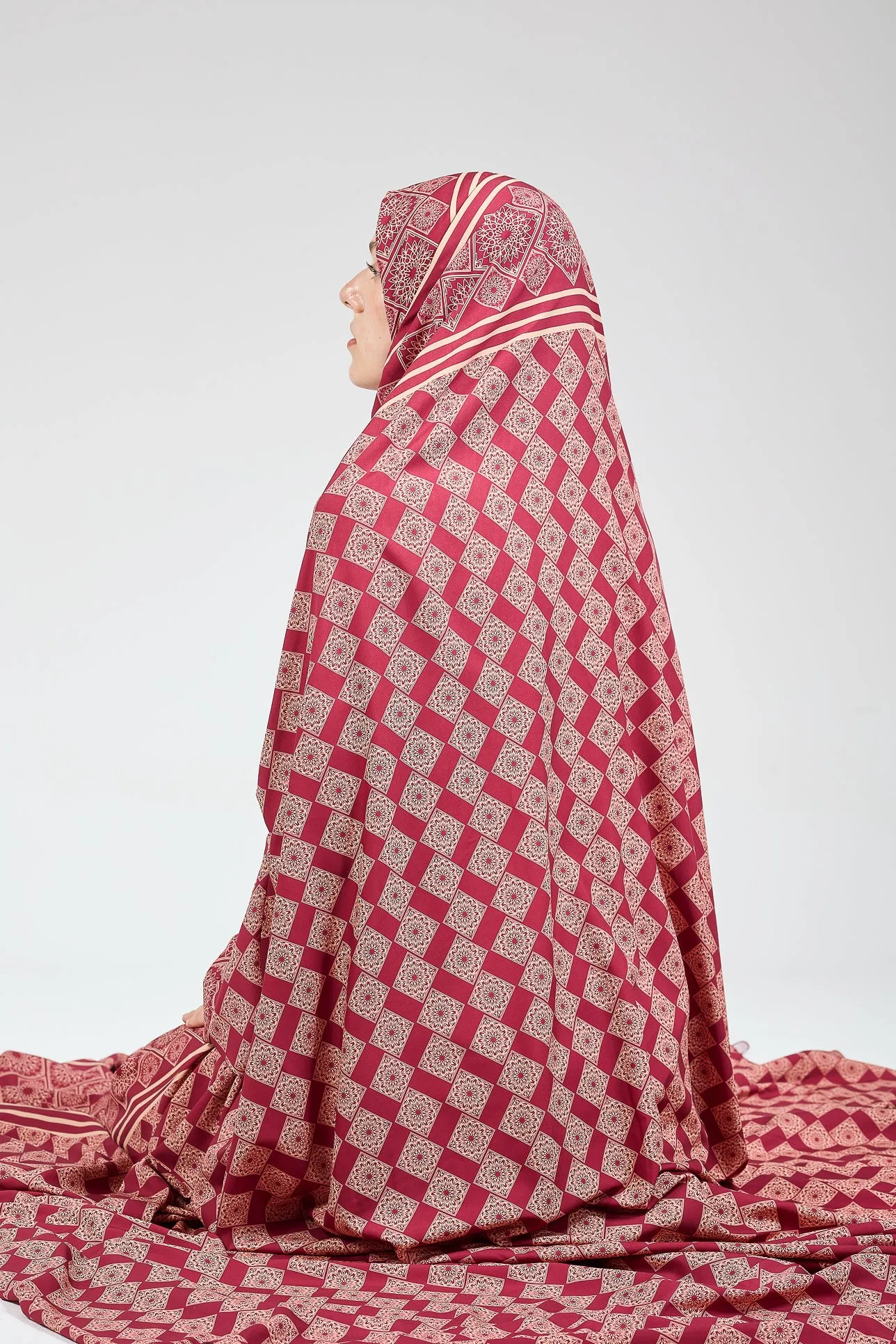 Basira Satin Prayer Gown with Geometric Floral Print for Hijab Wear