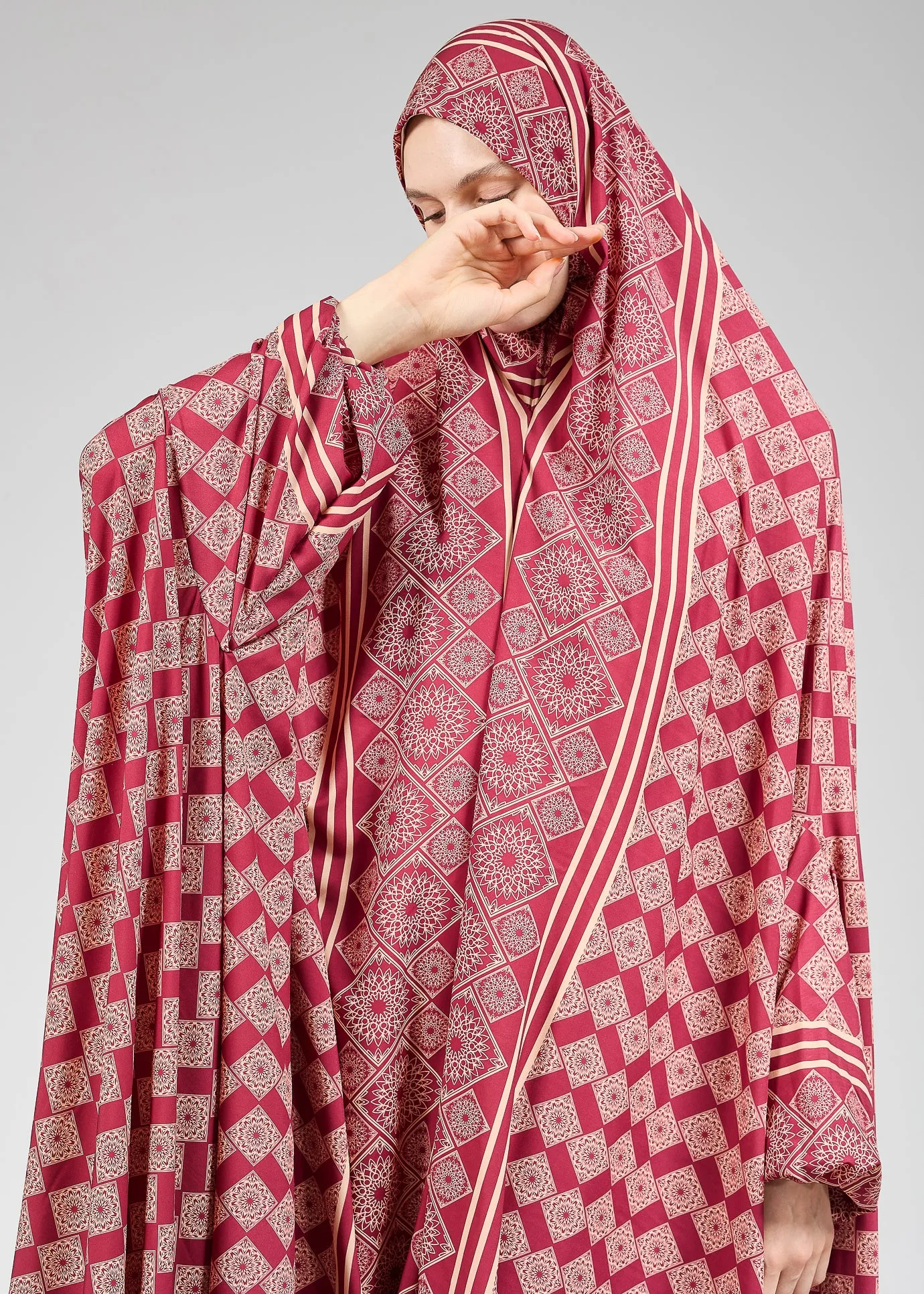 Basira Satin Prayer Gown with Geometric Floral Print for Hijab Wear