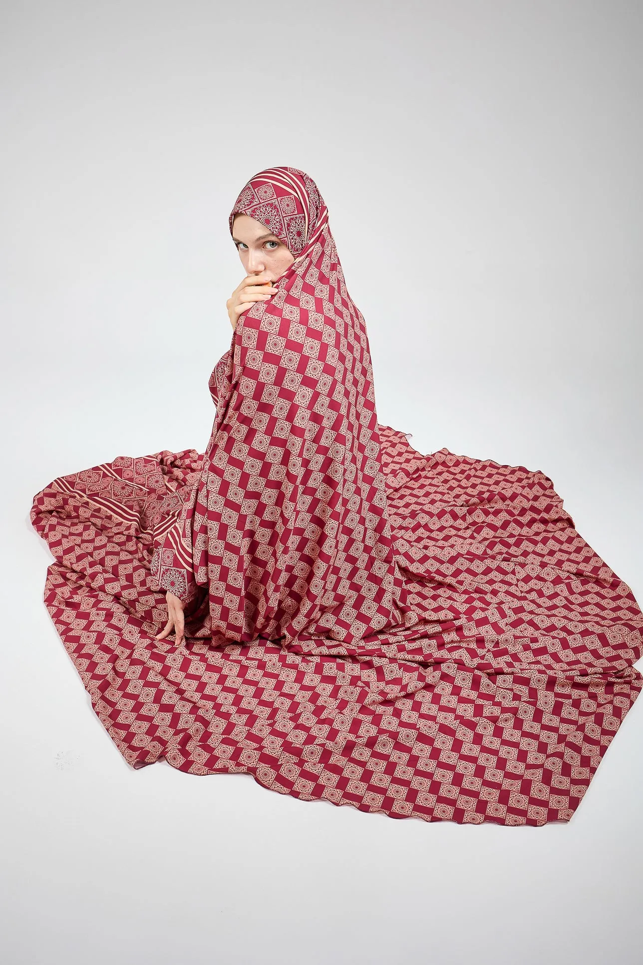 Basira Satin Prayer Gown with Geometric Floral Print for Hijab Wear