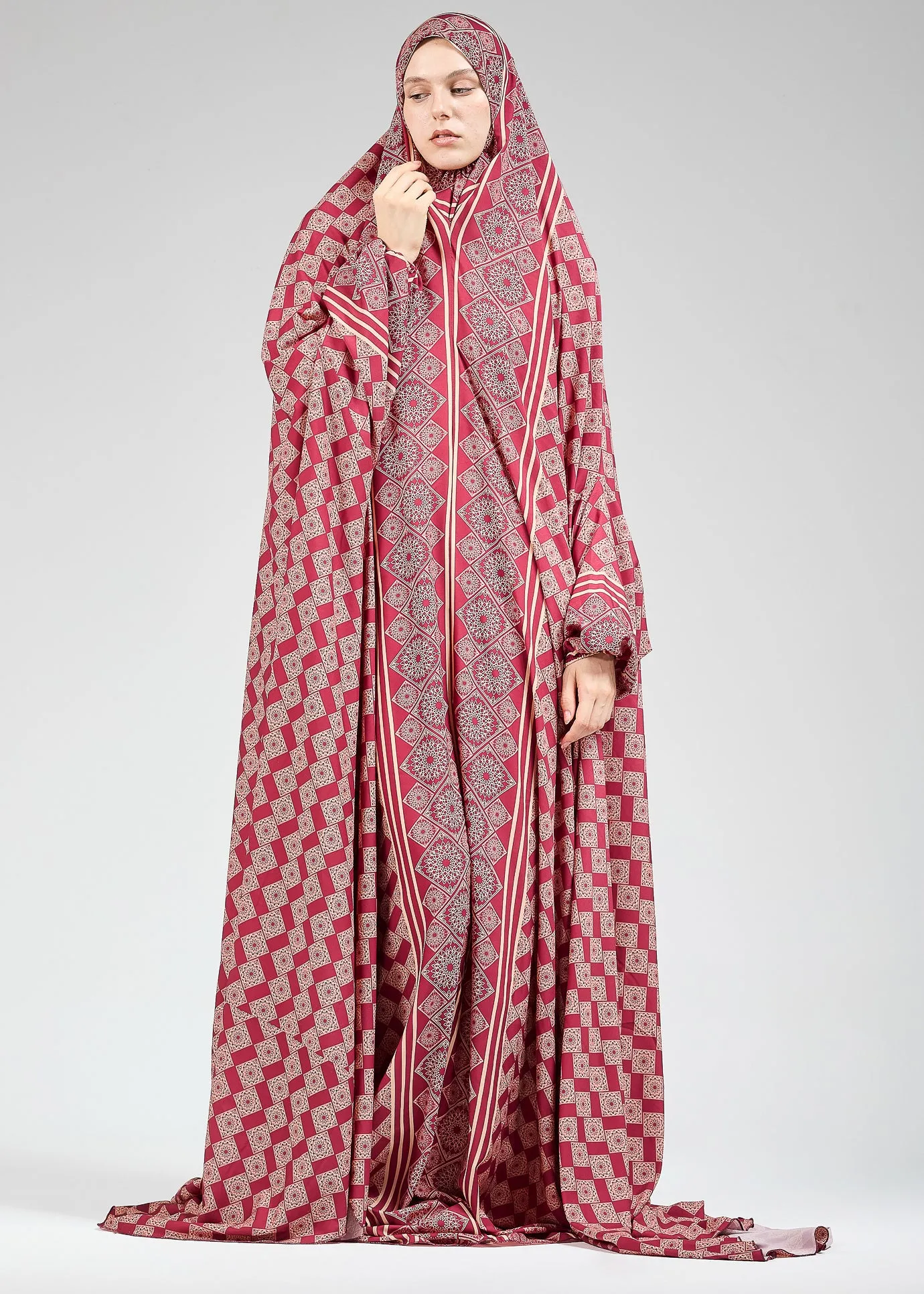 Basira Satin Prayer Gown with Geometric Floral Print for Hijab Wear
