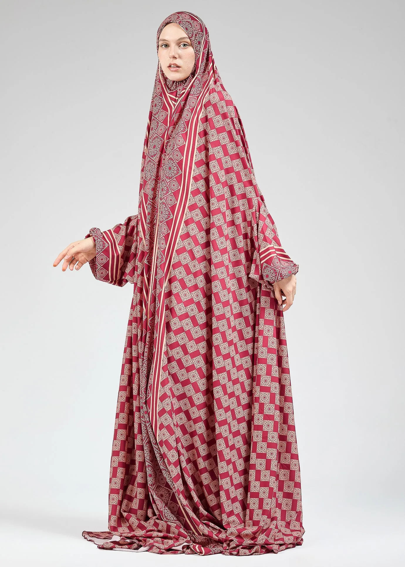 Basira Satin Prayer Gown with Geometric Floral Print for Hijab Wear