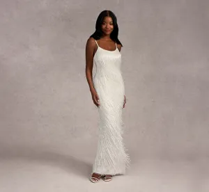 Beaded Fringe Column Dress In Ivory/Ivory In Ivory Ivory