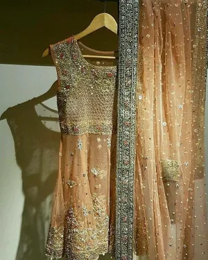 Beautiful bridal dress in peach color with heavy dabka work Model # B 12014