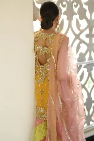 Beautiful embroidered designer mehendi outfit in yellow color # B3445