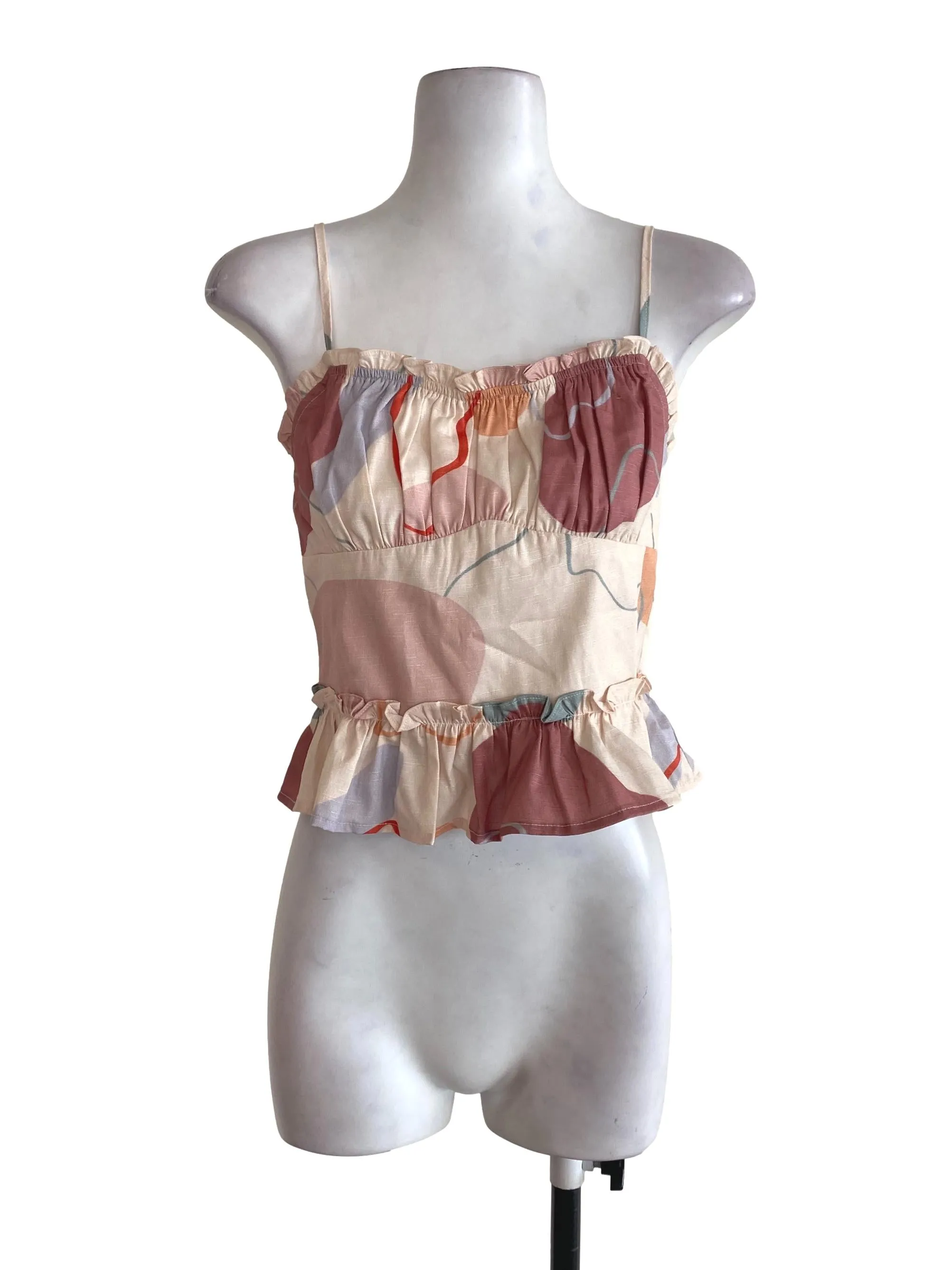 Beige Abstract Ruffle Top