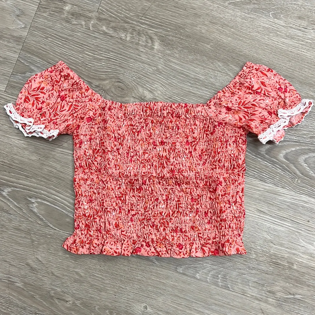 Bela & Nuni Pink Leaves Ruffle Sleeve Elastic Top