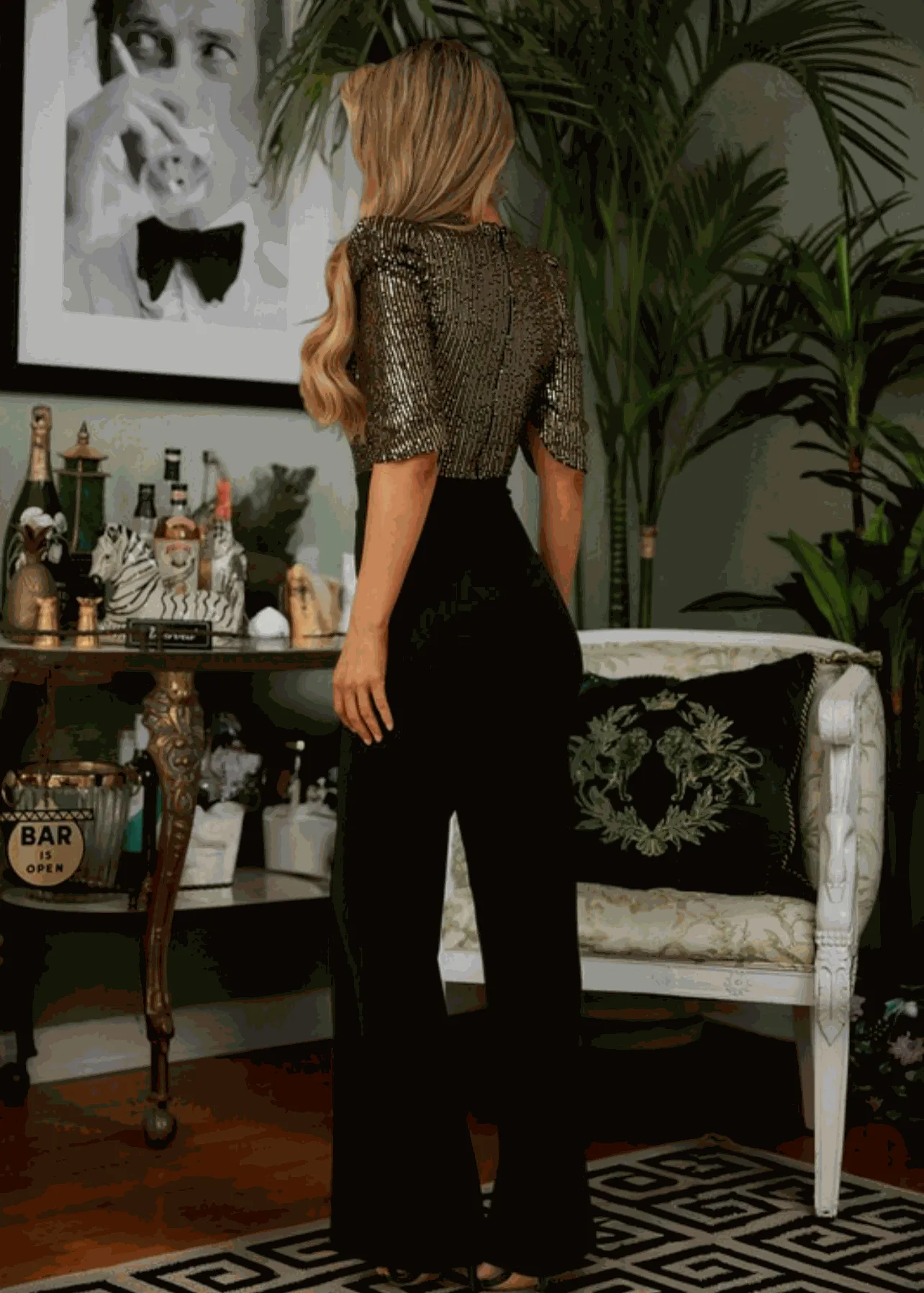 BELKYS Green Sequin Half-Sleeve Wide-Leg Jumpsuit – Elegant Sparkling Evening Jumpsuit