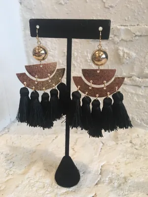 Black & Gold Hammered Tassel Drop Earrings