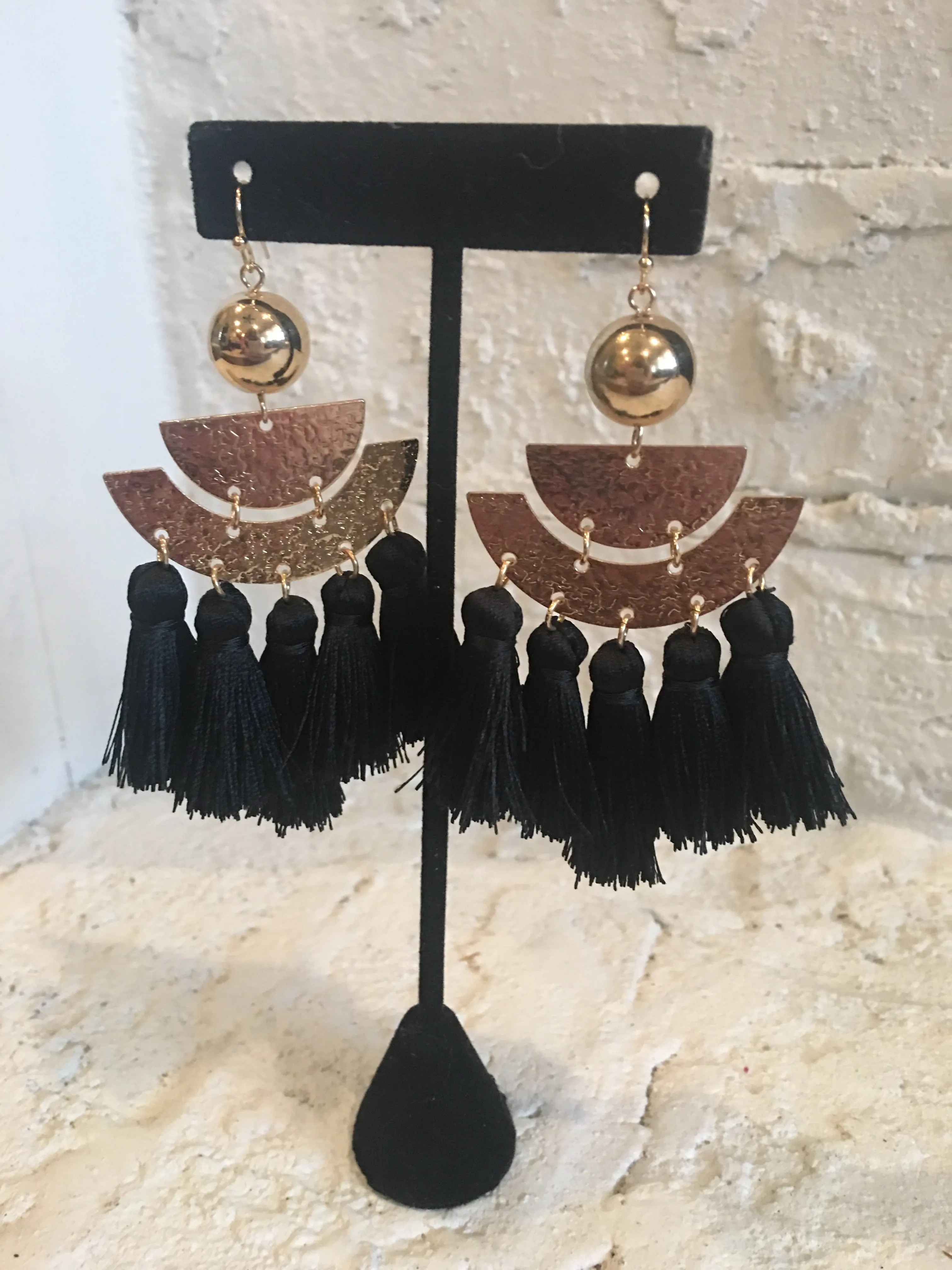 Black & Gold Hammered Tassel Drop Earrings