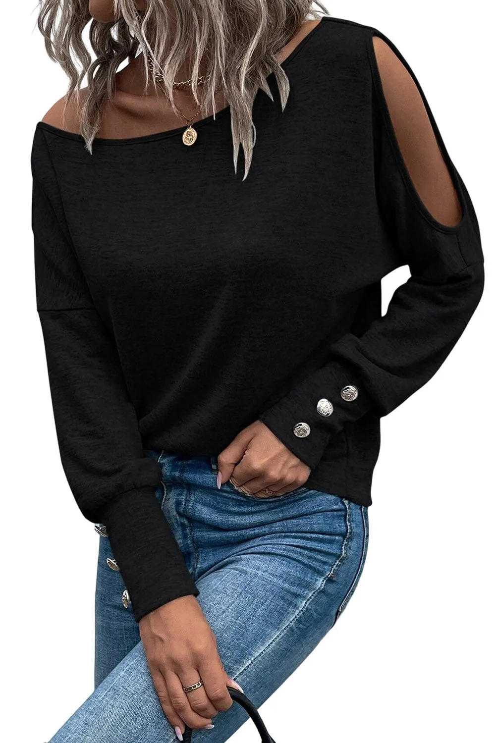 Black Asymmetrical Cut Out Buttoned Long Sleeve Top