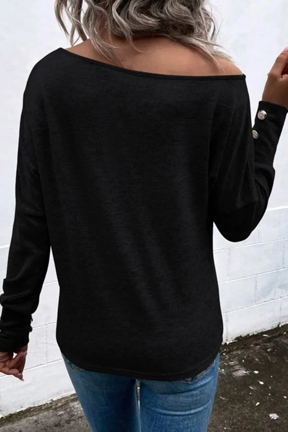 Black Asymmetrical Cut Out Buttoned Long Sleeve Top