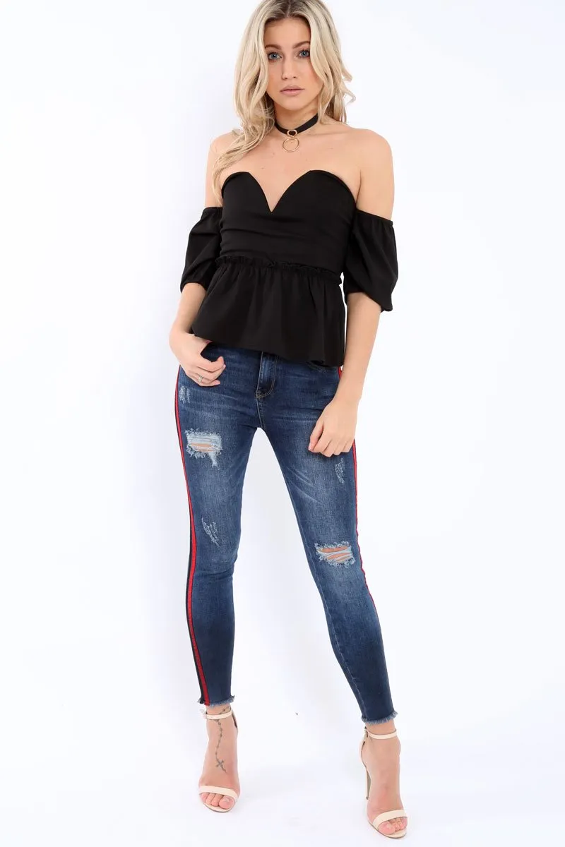 Black Bardot V Plunge Ruffle Hem Top - Norah