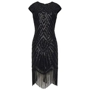 Black Beaded Cap Sleeve Great Gatsby Dress