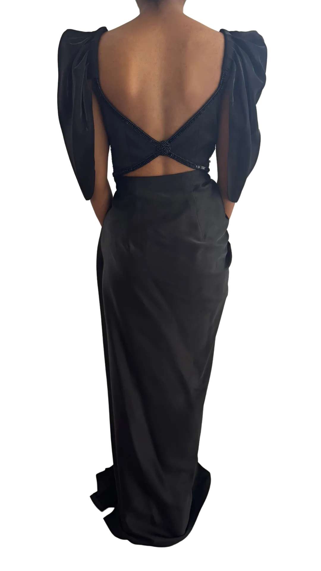 Black Beaded Puff Sleeve Draped Gown
