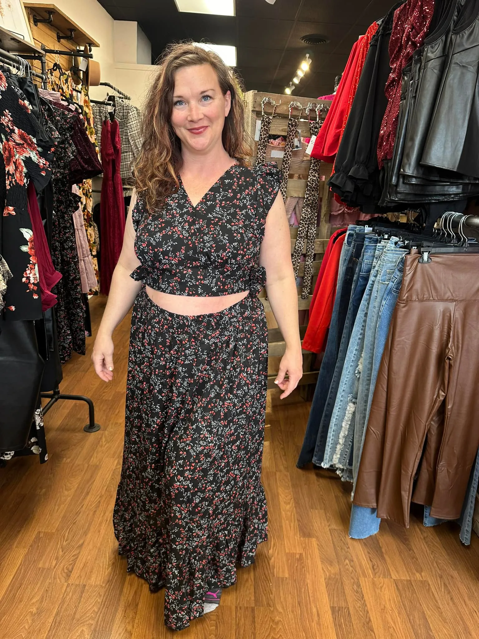 Black  Floral Crop Top and Maxi Skirt Set