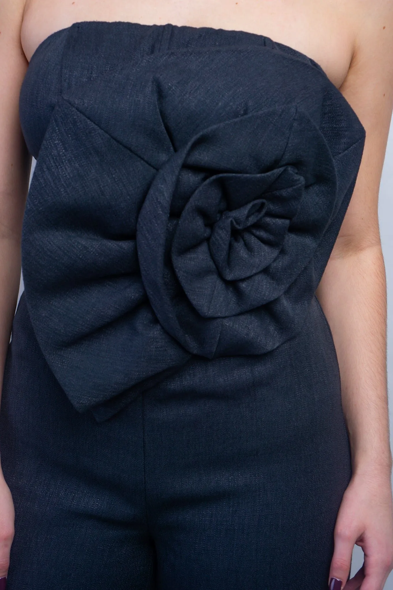 Black Linen Flower Strapless Jumpsuit