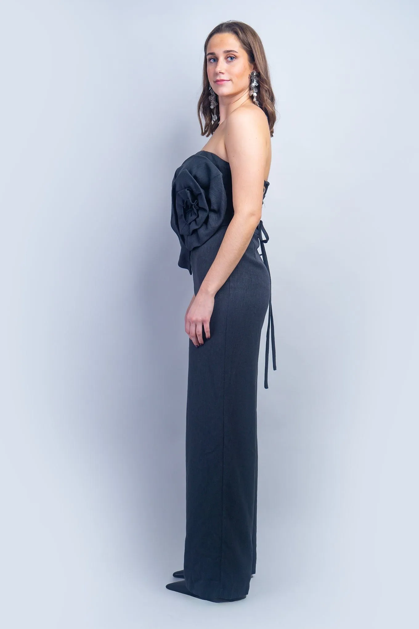 Black Linen Flower Strapless Jumpsuit