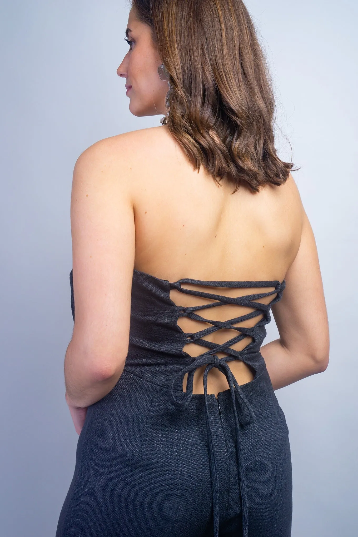 Black Linen Flower Strapless Jumpsuit