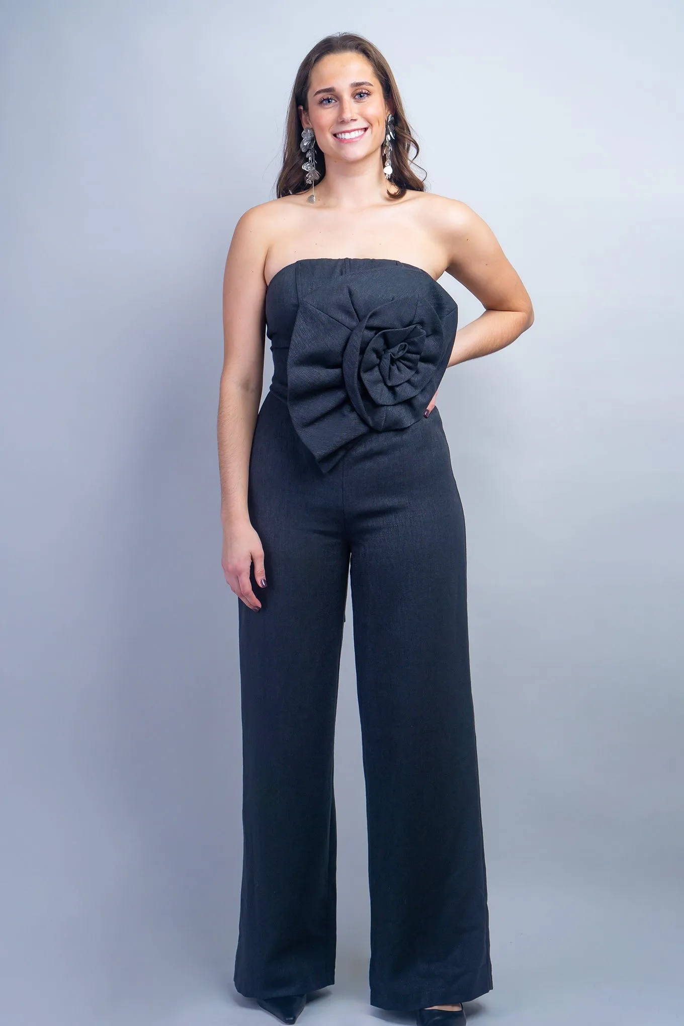 Black Linen Flower Strapless Jumpsuit