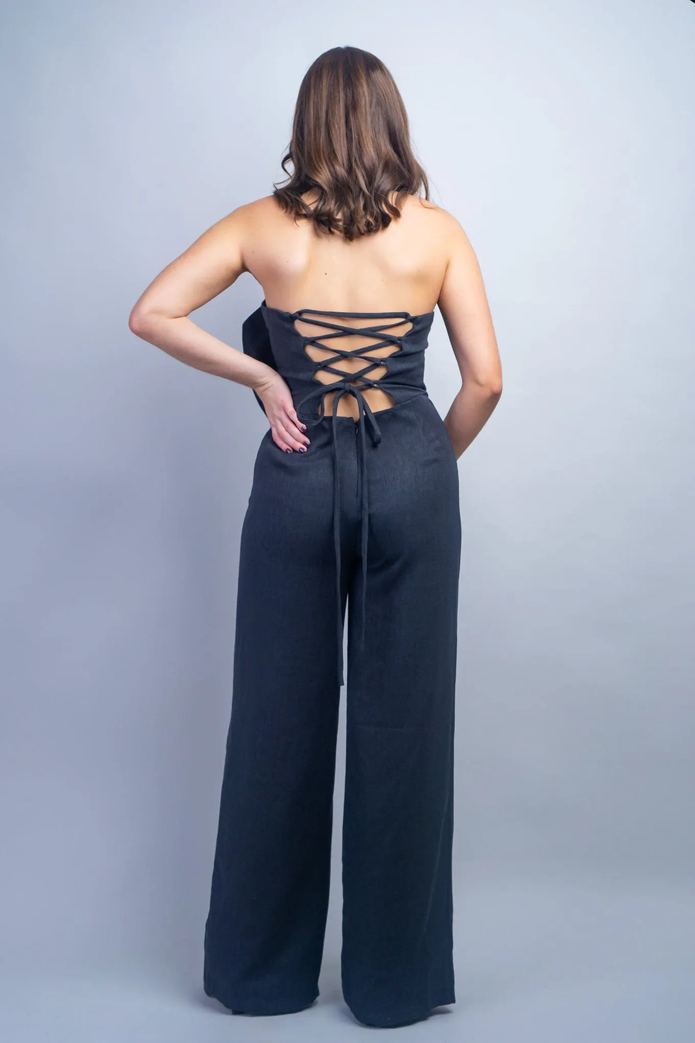 Black Linen Flower Strapless Jumpsuit