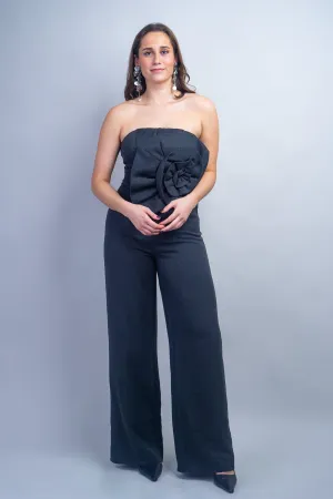 Black Linen Flower Strapless Jumpsuit