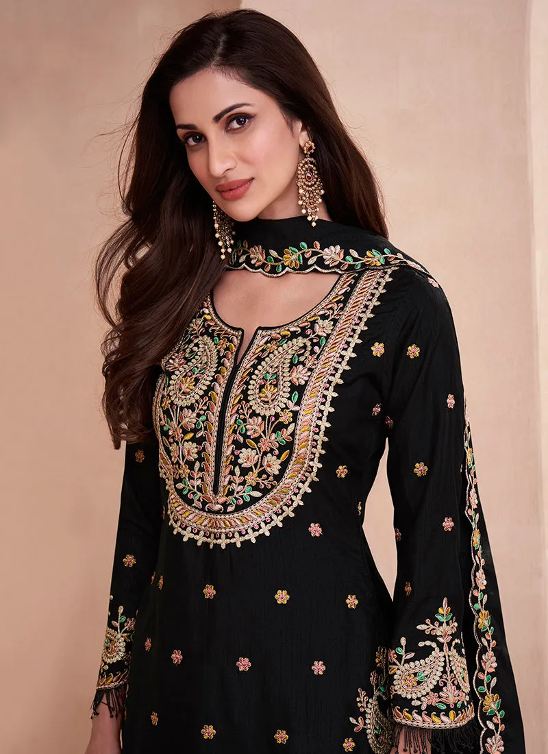 Black Multi Sequence Embroidery Traditional Gharara Suit
