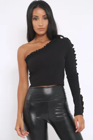 Black One Shoulder Ruffle Crop Top - Bethanie