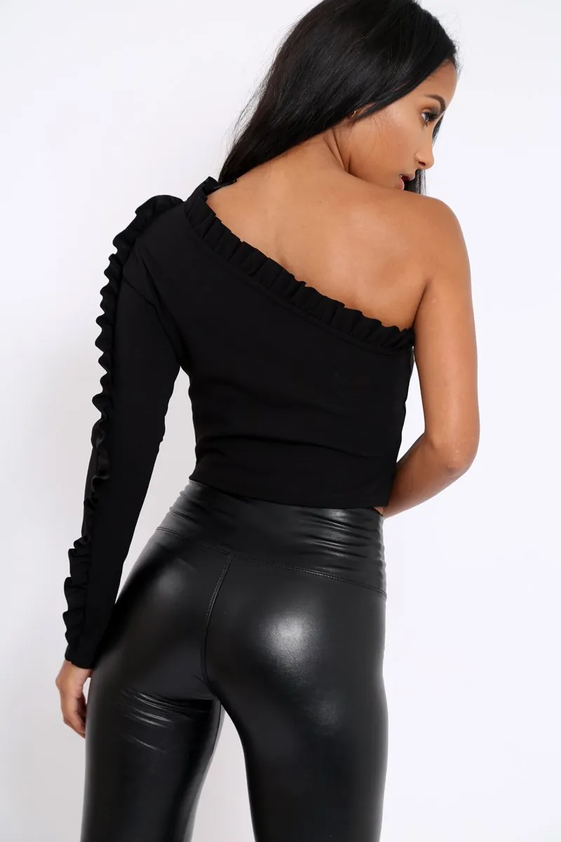 Black One Shoulder Ruffle Crop Top - Bethanie