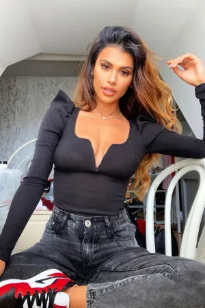 Black Ribbed Plunge Puff Sleeve Bodysuit - Saffy