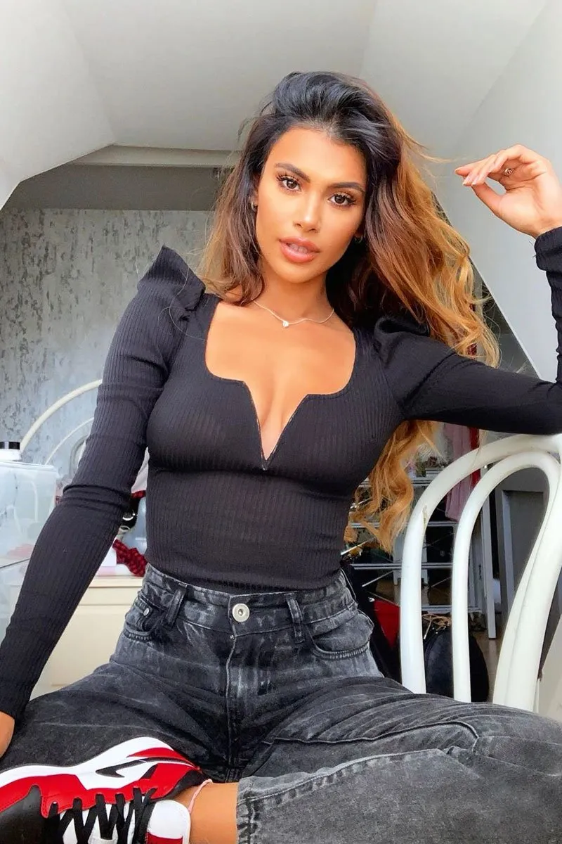 Black Ribbed Plunge Puff Sleeve Bodysuit - Saffy