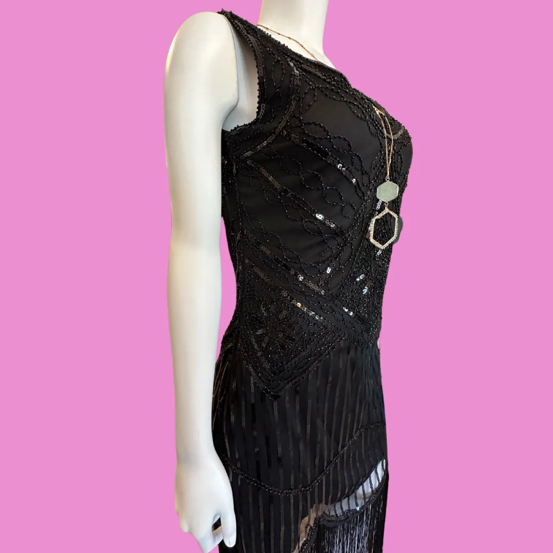 Black sequin dress with fringe