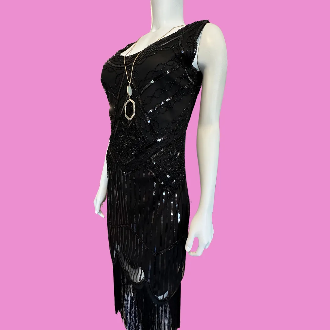 Black sequin dress with fringe