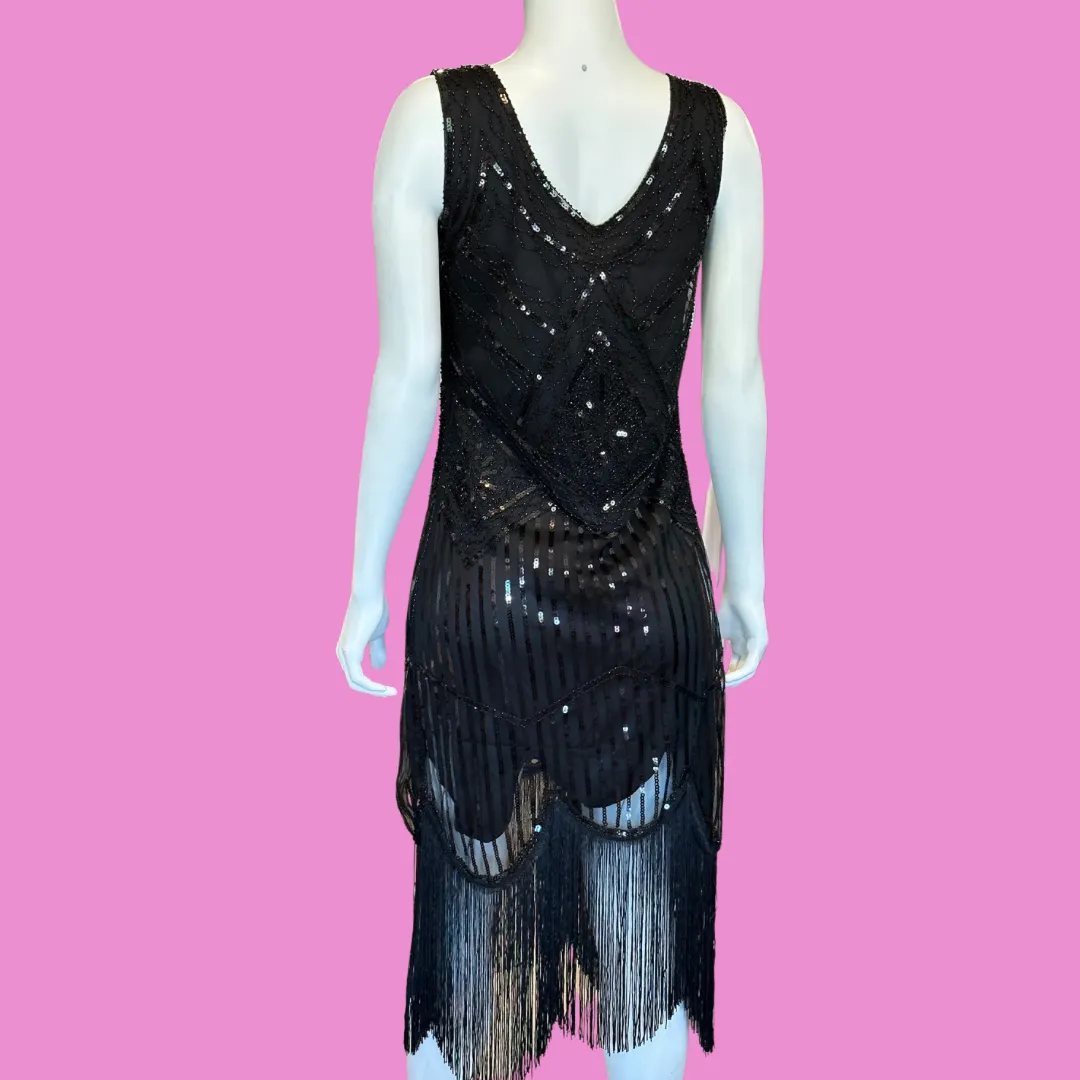 Black sequin dress with fringe