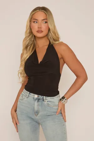 Black Slinky Plunge Halter Top - Aino
